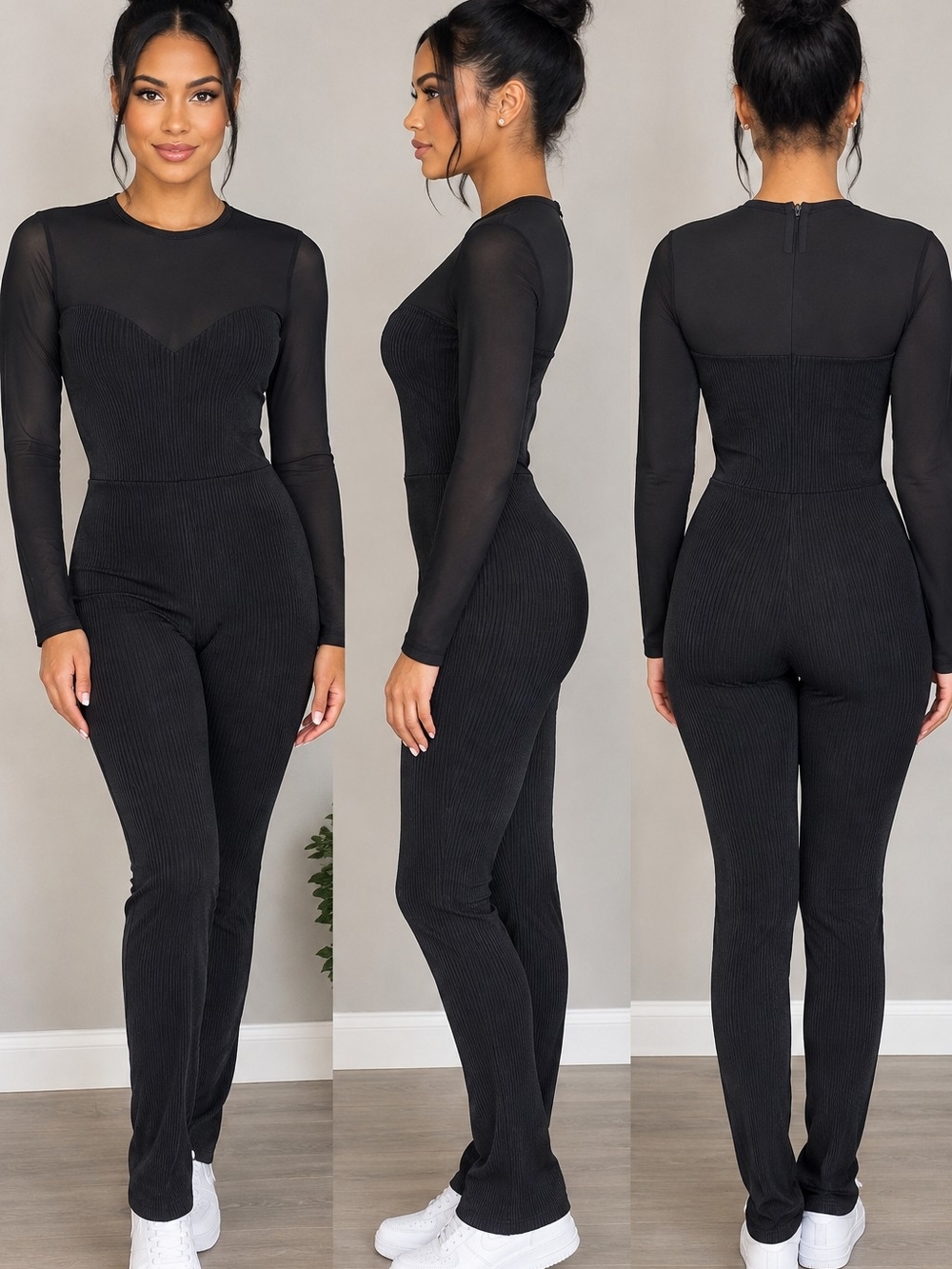 Black Ribbed Long-Sleeve Jumpsuit with Sheer Mesh Yoke